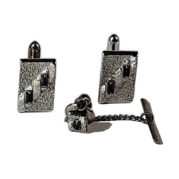 Vintage Swank Chevron 5 Black Stones Silver Tone Cufflinks Tie Tack Whale Back - Picture 1 of 7